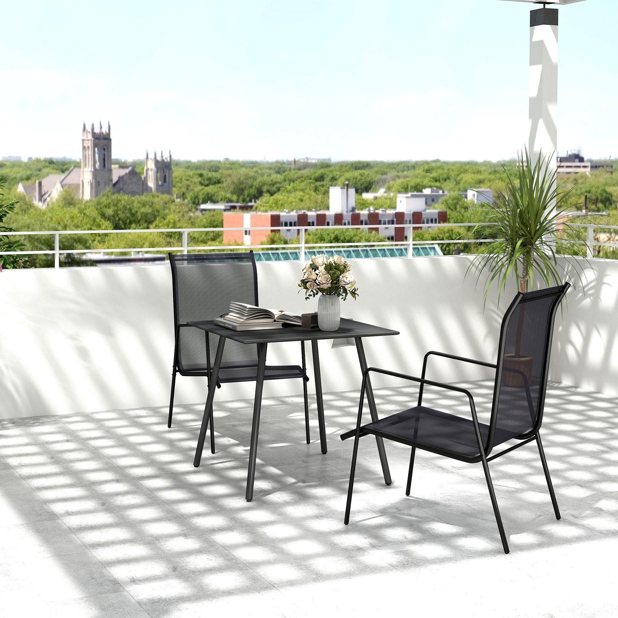 Black outsunny garden table with powder-coated steel frame and mesh top featuring white flowers for outdoor use