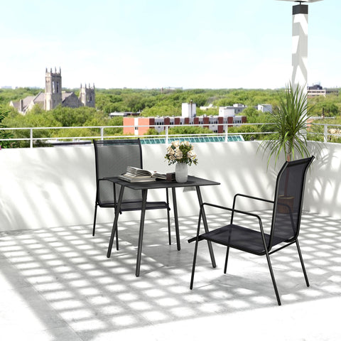Black outsunny garden table with powder-coated steel frame and mesh top featuring white flowers for outdoor use
