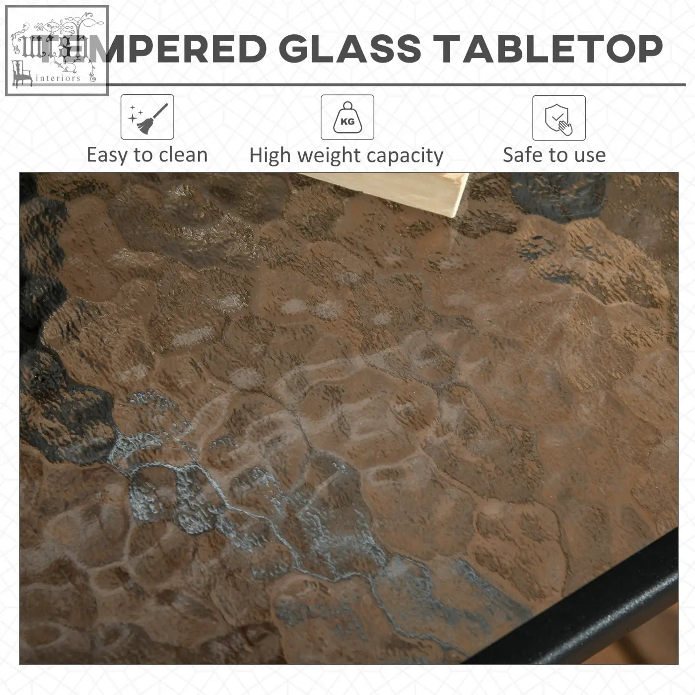Outsunny square patio table with tempered glass top featuring rustic brown gray stone pattern and steel frame