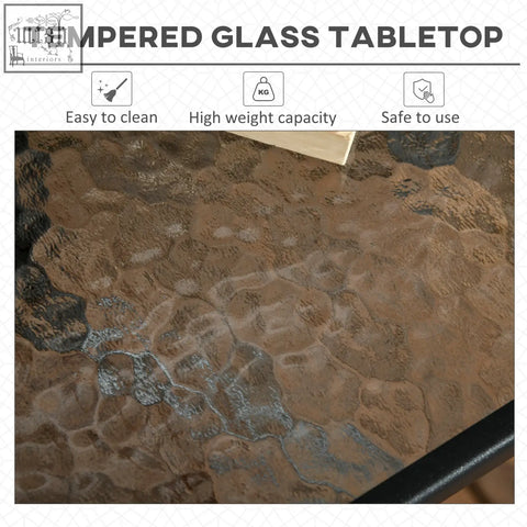 Outsunny square patio table with tempered glass top featuring rustic brown gray stone pattern and steel frame