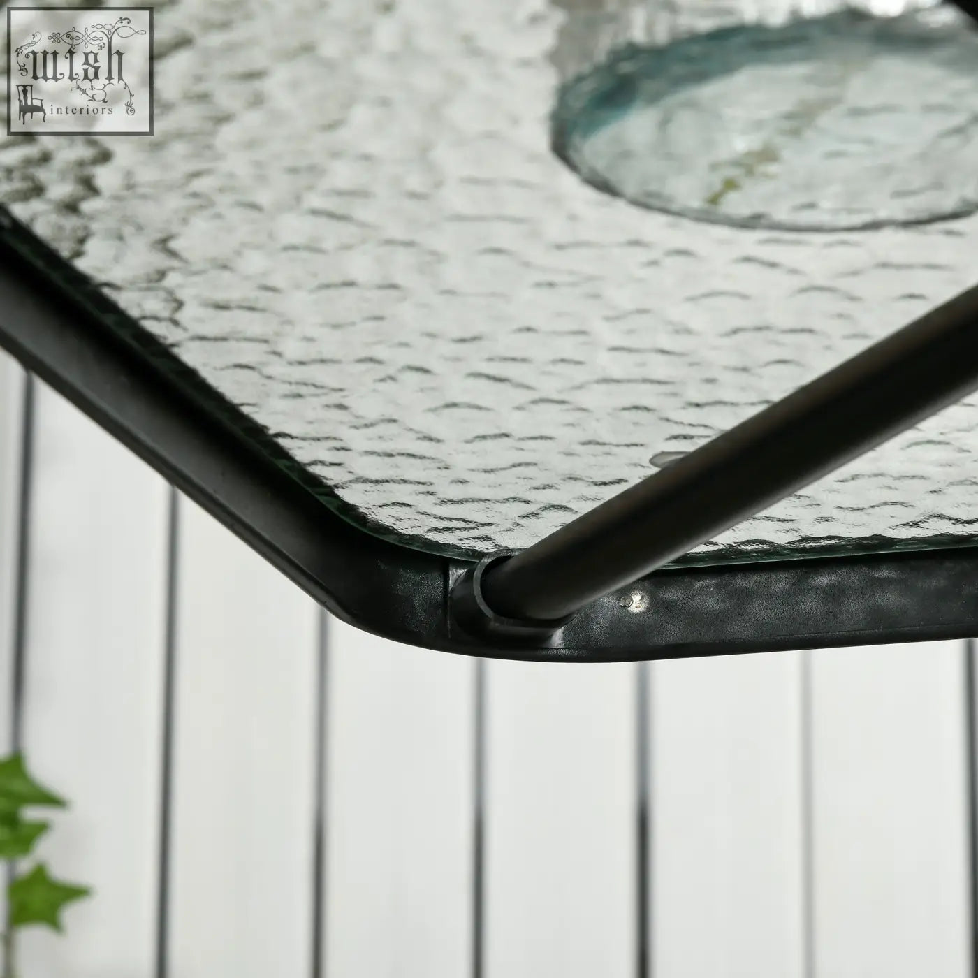 Outsunny square patio table with black steel frame and tempered glass top featuring circular umbrella hole