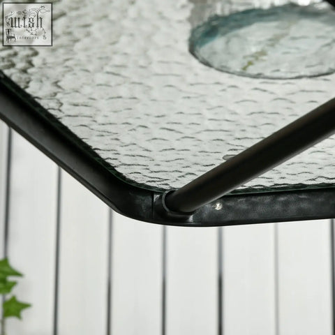 Outsunny square patio table with black steel frame and tempered glass top featuring circular umbrella hole