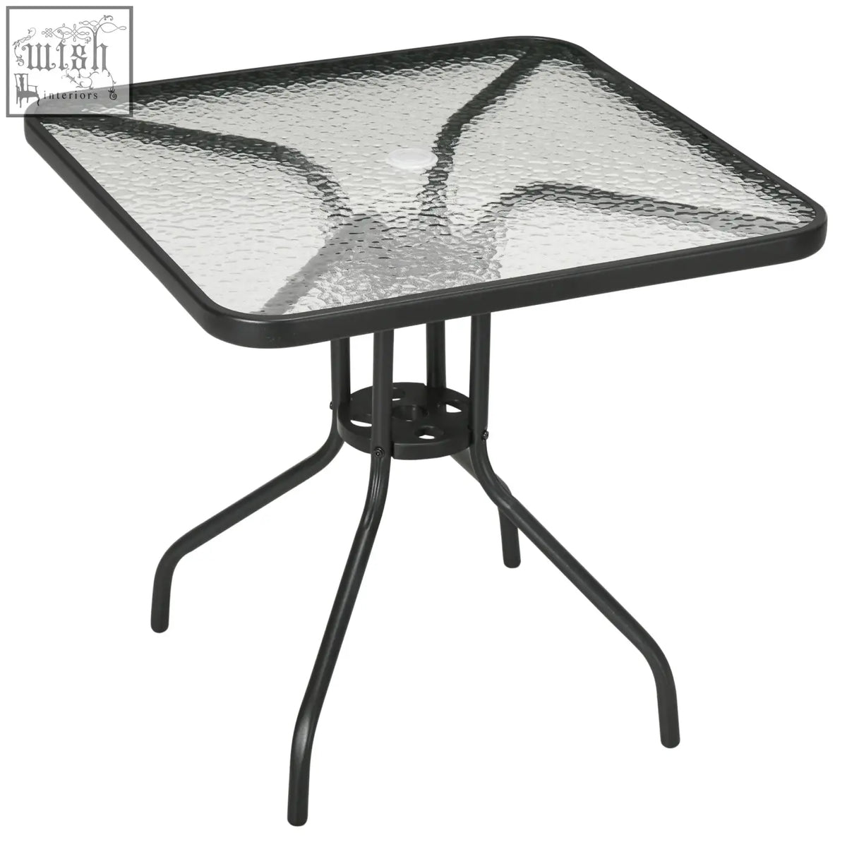 Outsunny square black metal patio table with textured tempered glass top steel frame and umbrella hole for outdoor use