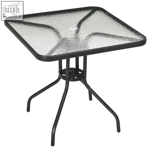 Outsunny square black metal patio table with textured tempered glass top steel frame and umbrella hole for outdoor use