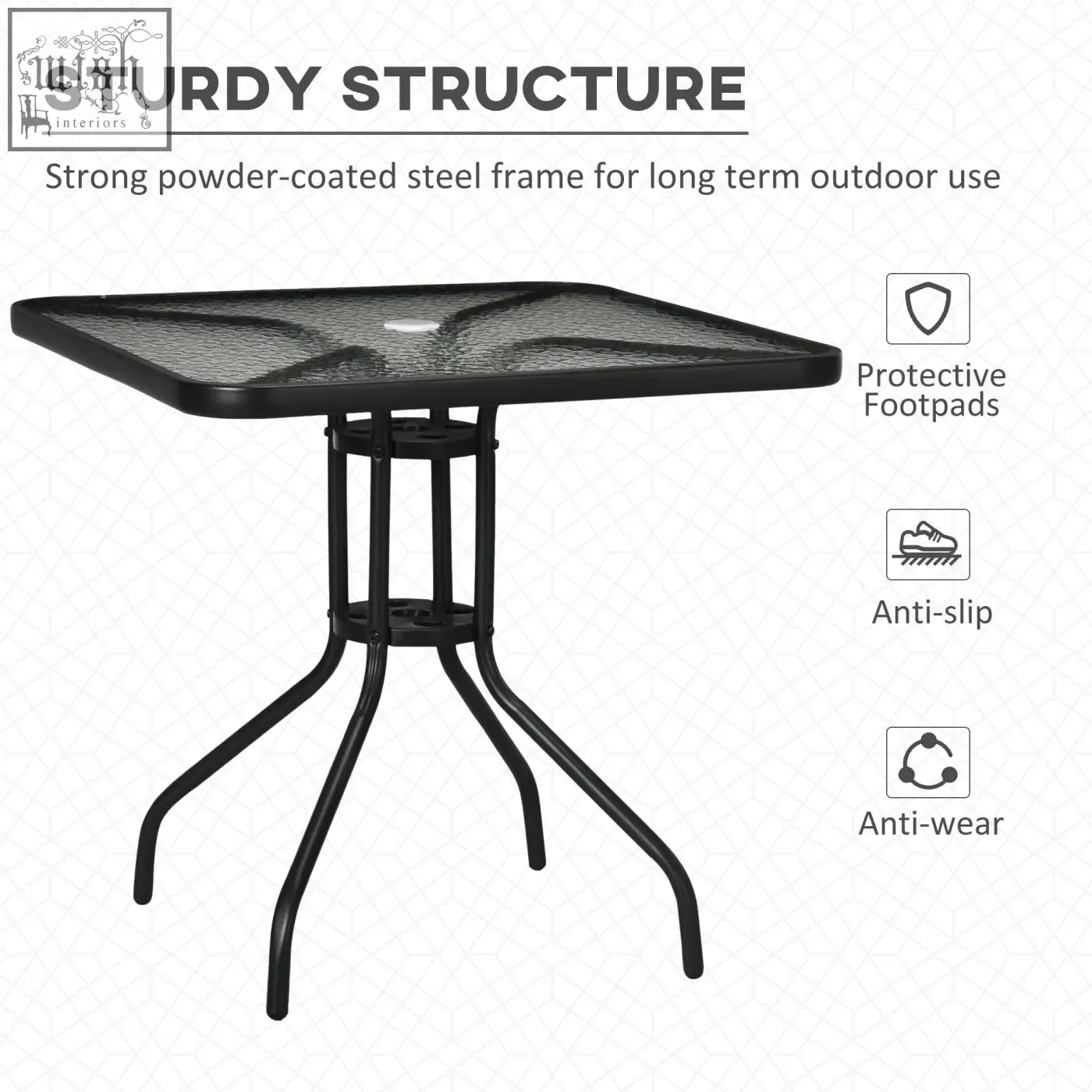 Outsunny square patio table with black powder-coated steel frame and tempered glass top perfect for outdoor use
