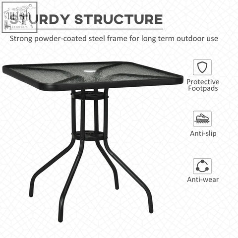 Outsunny square patio table with black powder-coated steel frame and tempered glass top perfect for outdoor use