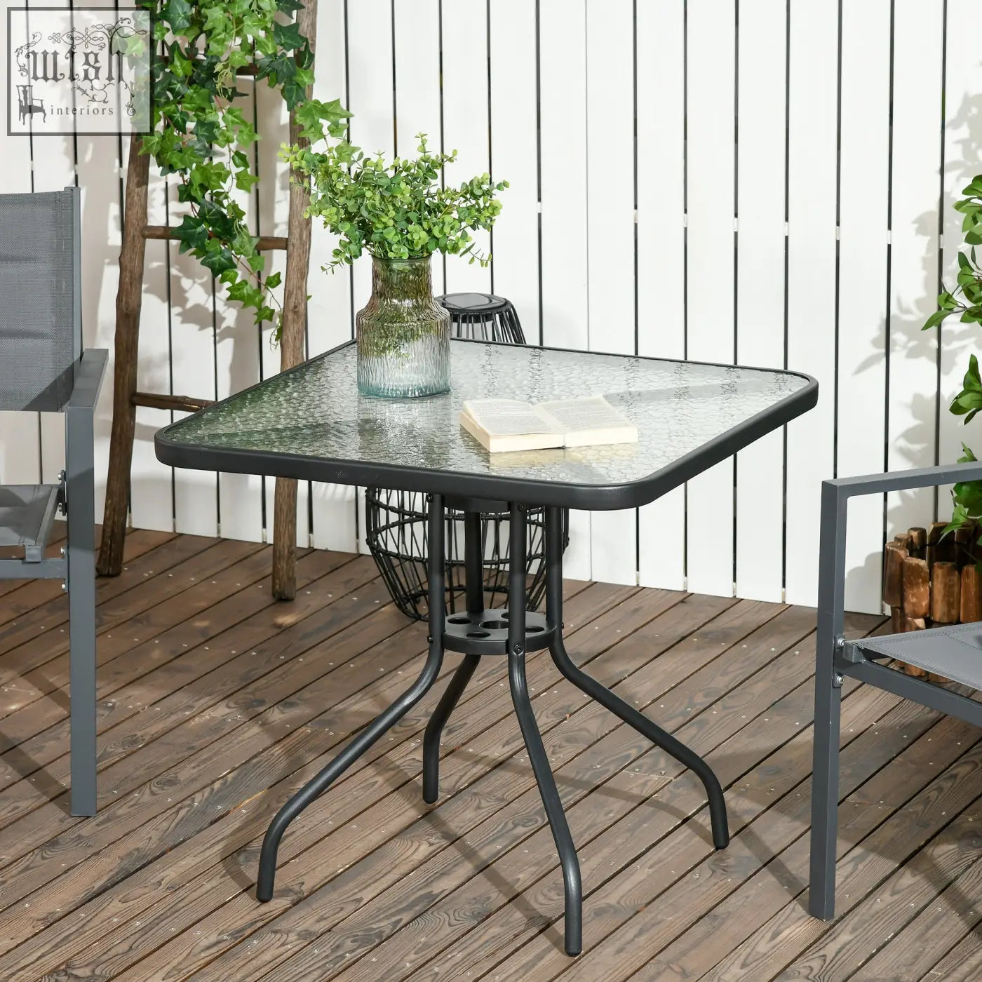 Black outsunny square patio table with tempered glass top steel frame curved legs and umbrella hole for outdoor use