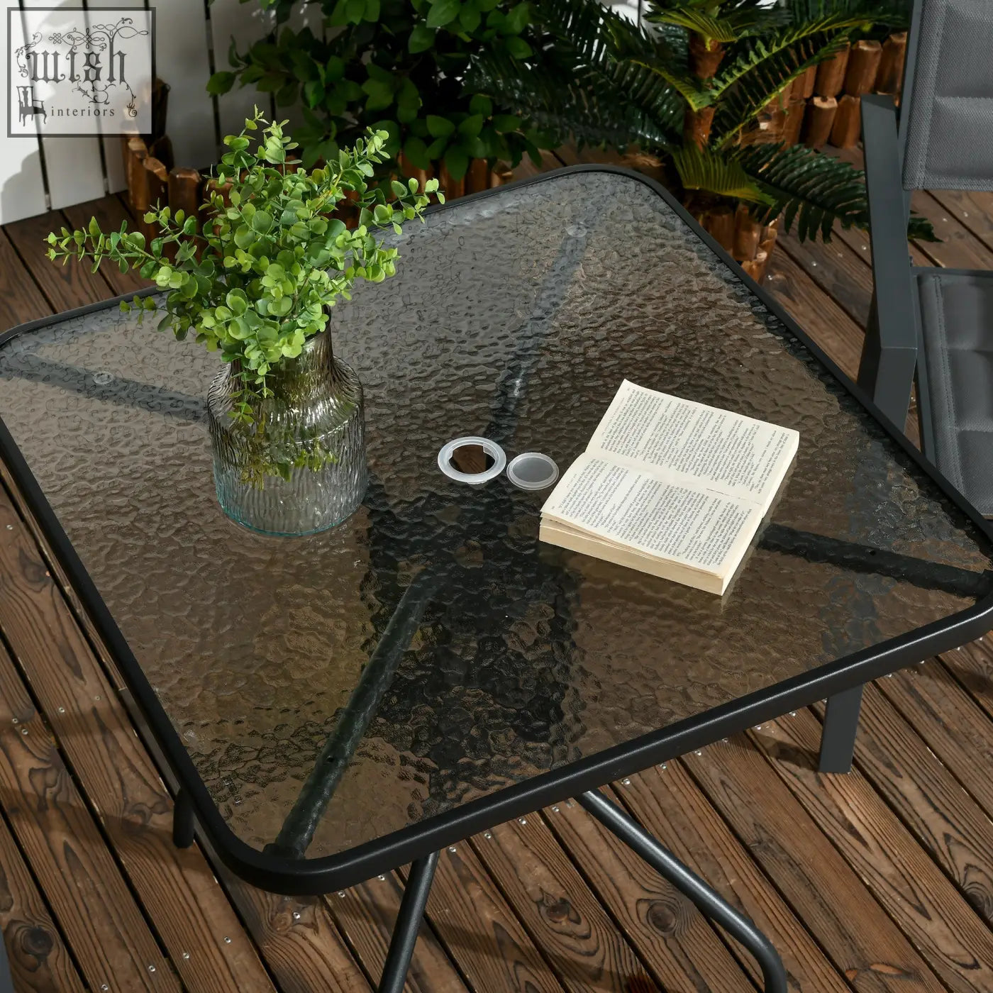 Outsunny square patio table with black steel frame and tempered glass top for outdoor garden or coffee use
