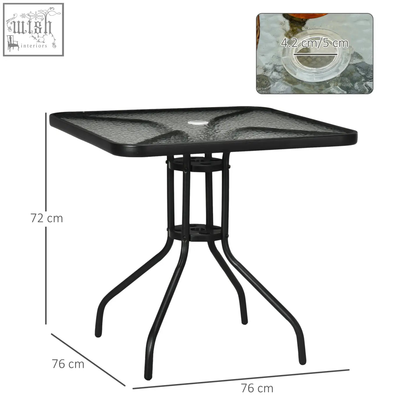 Black outsunny square patio table with steel frame curved legs and tempered glass top with umbrella hole
