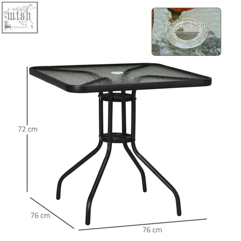 Black outsunny square patio table with steel frame curved legs and tempered glass top with umbrella hole