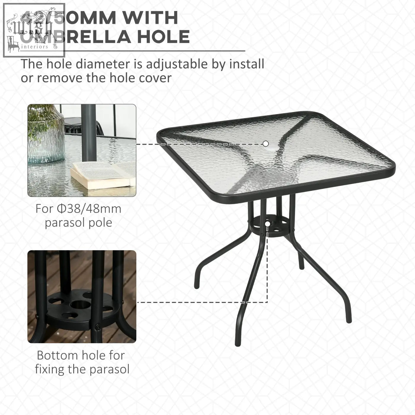 Outsunny square black metal patio table with tempered glass top and steel frame featuring umbrella hole for outdoor use