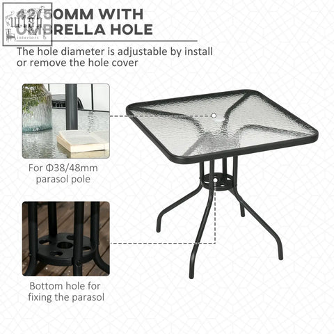 Outsunny square black metal patio table with tempered glass top and steel frame featuring umbrella hole for outdoor use