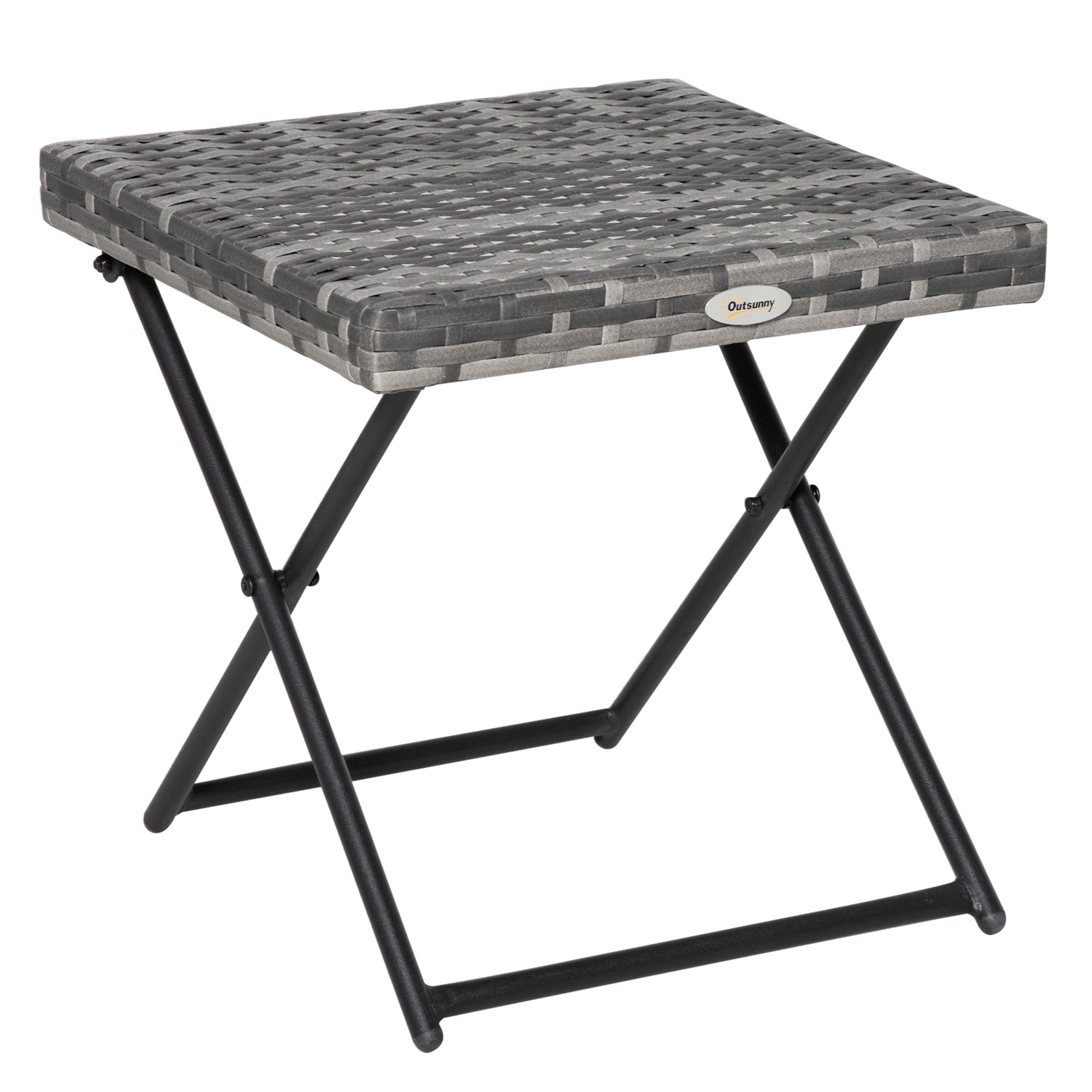 Outsunny square pe wicker rattan folding table with gray woven resin tabletop and black steel frame folding legs