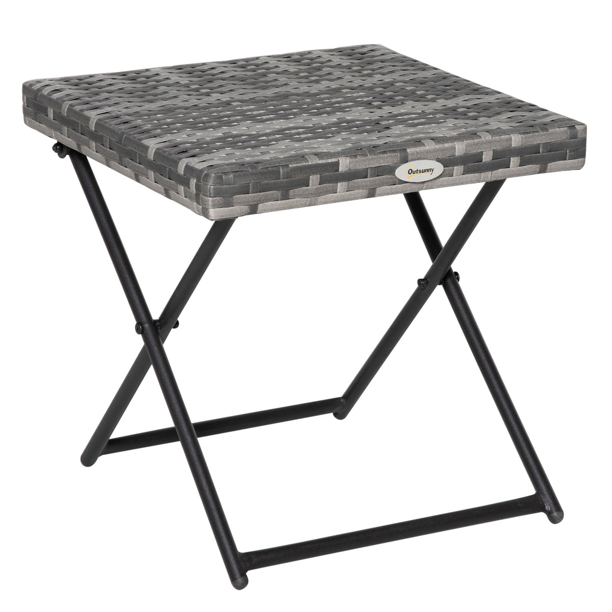 Outsunny square pe wicker rattan folding table with gray woven resin tabletop and black steel frame folding legs