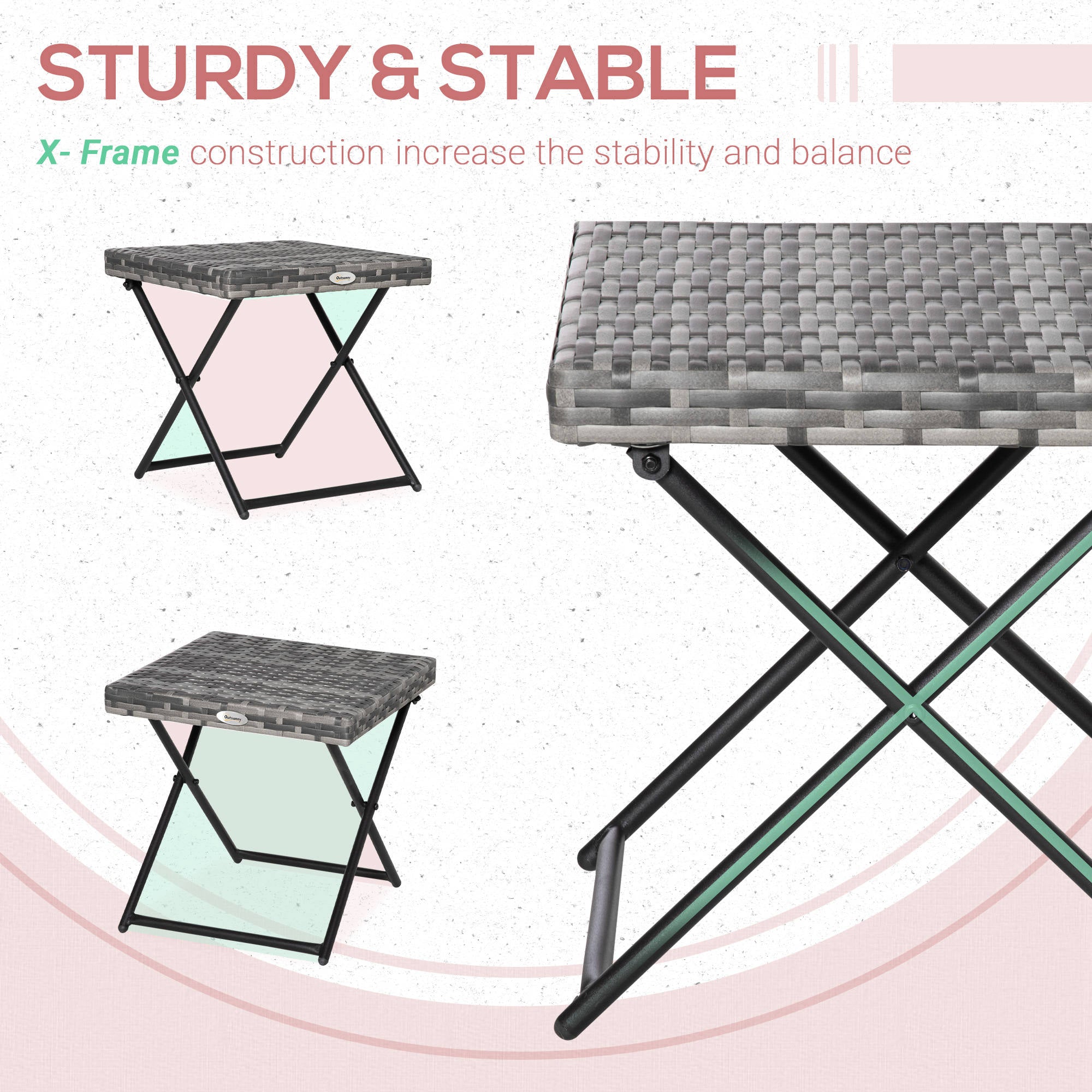 Outsunny square grey folding table with gray resin tabletop and black steel frame x legs for stable outdoor use