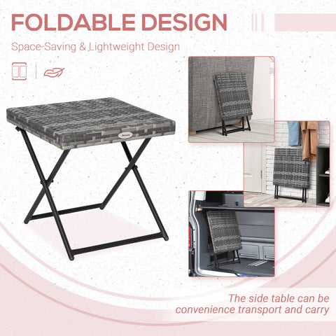 Gray woven resin folding table with black steel frame folding legs perfect for outdoor use