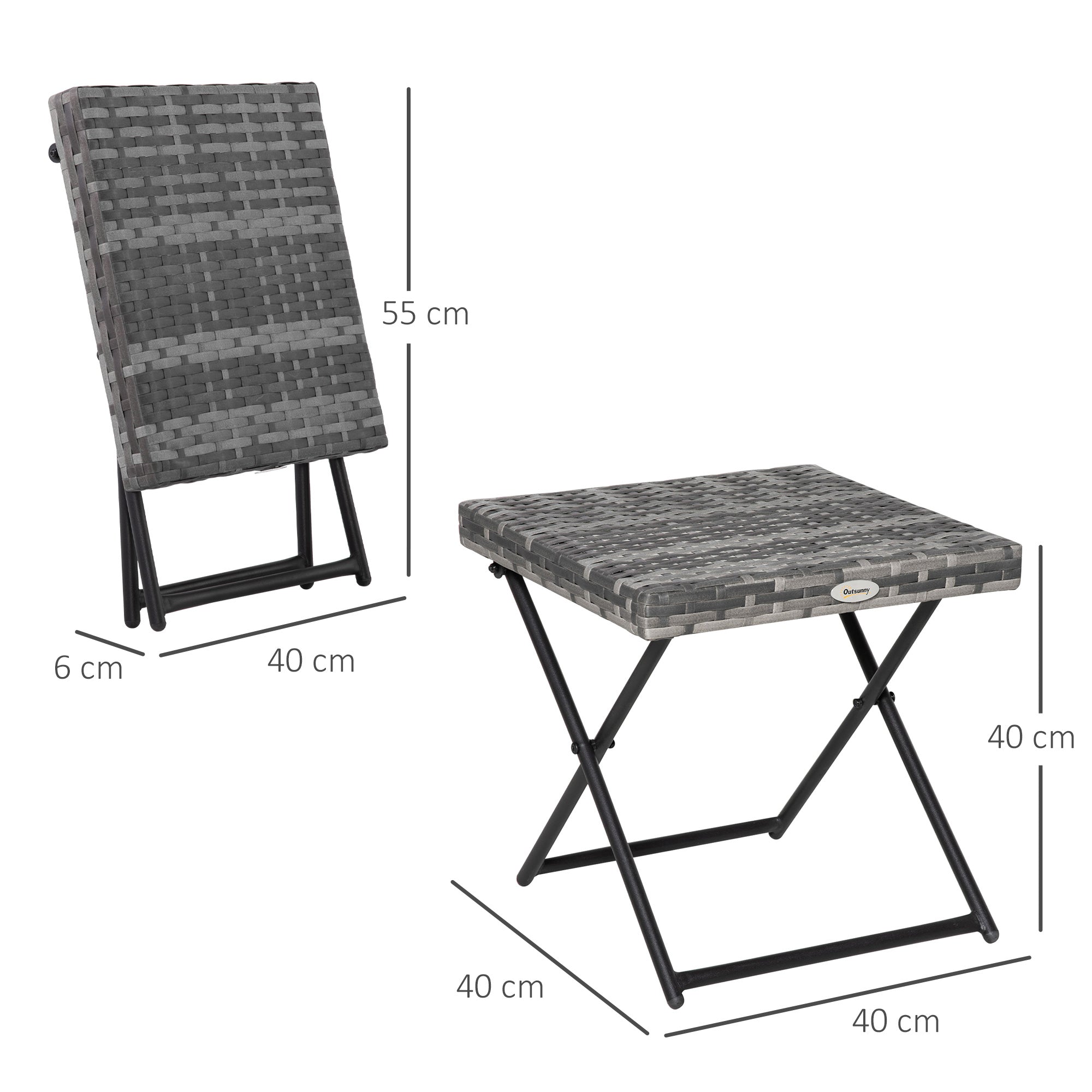 Gray woven resin folding chair with black steel frame paired with outsunny grey square PE wicker folding table