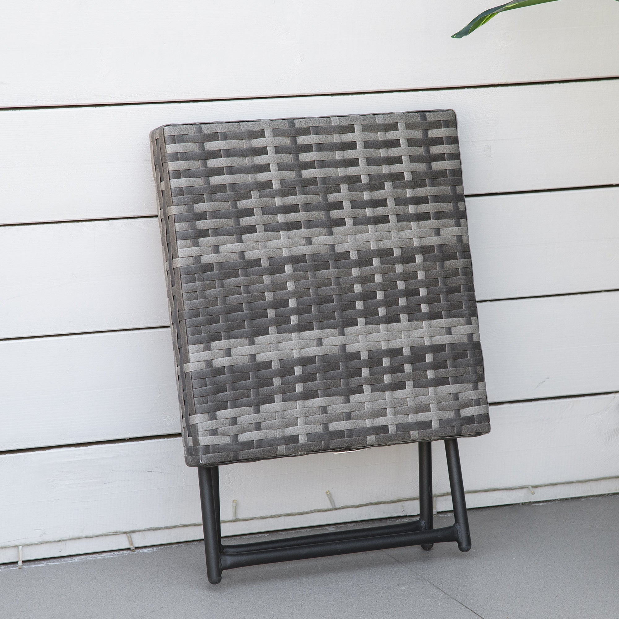 Outsunny square gray woven wicker folding table with black steel frame legs perfect for outdoor use
