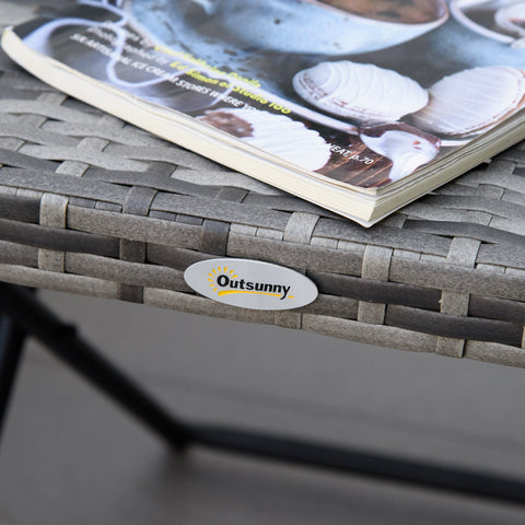 Gray woven resin folding table with steel frame and subtle texture featuring an oval outsunny brand sticker