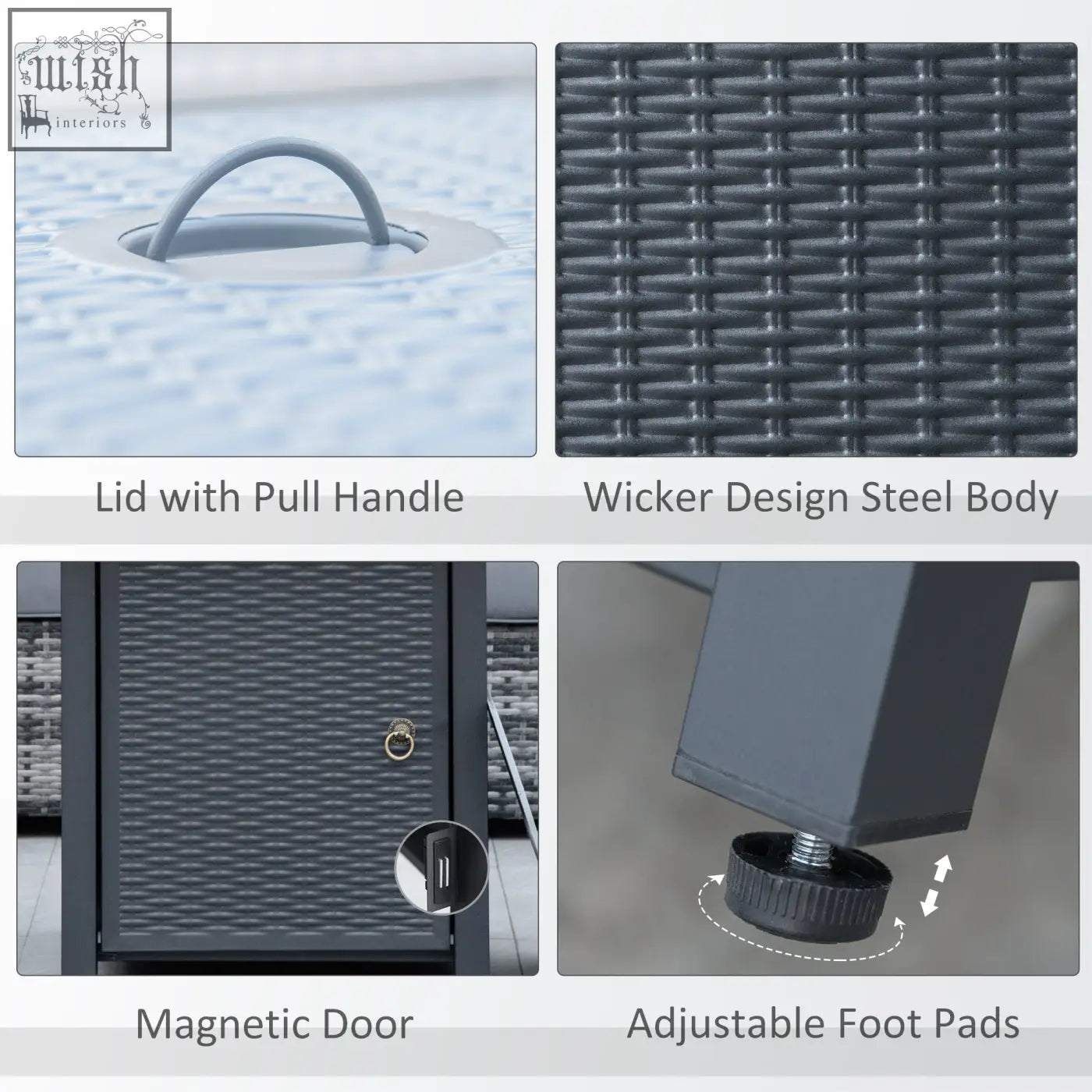 Dark gray wicker steel outdoor storage cabinet with pull handle lid magnetic door and adjustable foot pads near propane pit table with lava rocks