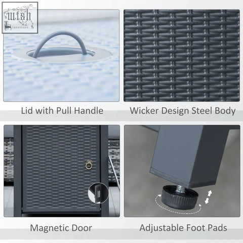 Dark gray wicker steel outdoor storage cabinet with pull handle lid magnetic door and adjustable foot pads near propane pit table with lava rocks