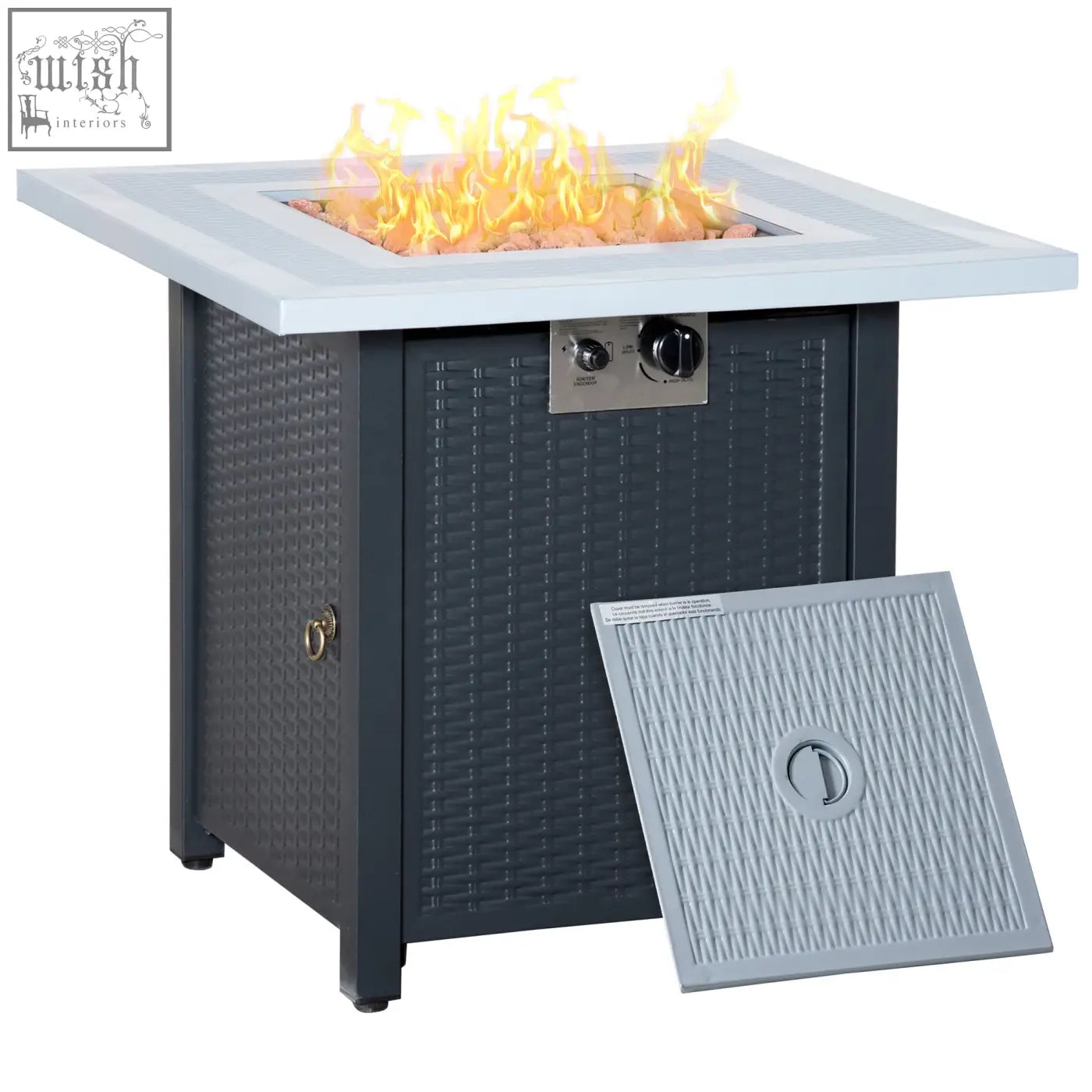Outsunny black wicker propane pit table with white square top, silver knobs, lava rocks, and active flame outdoor heater