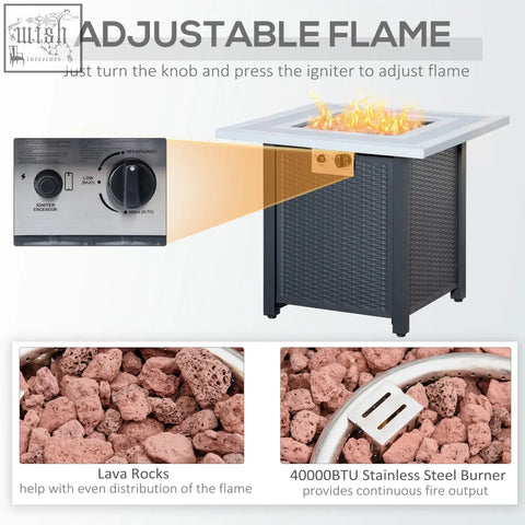 Out sunny black wicker-textured propane gas pit table with square white top lava rocks and adjustable flame control panel