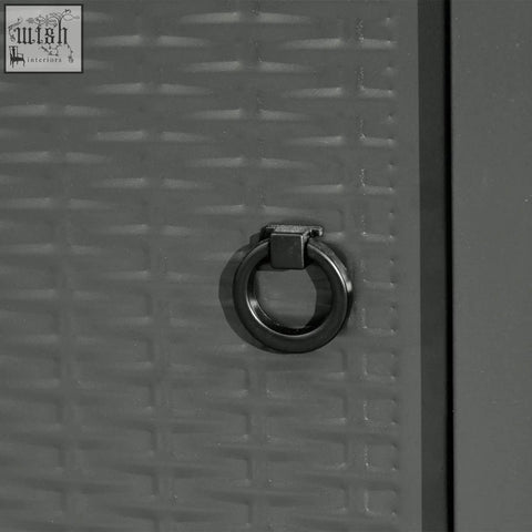Black metal ring pull on gray woven plastic door of outsunny black rattan pit table with lava rocks and propane tank storage