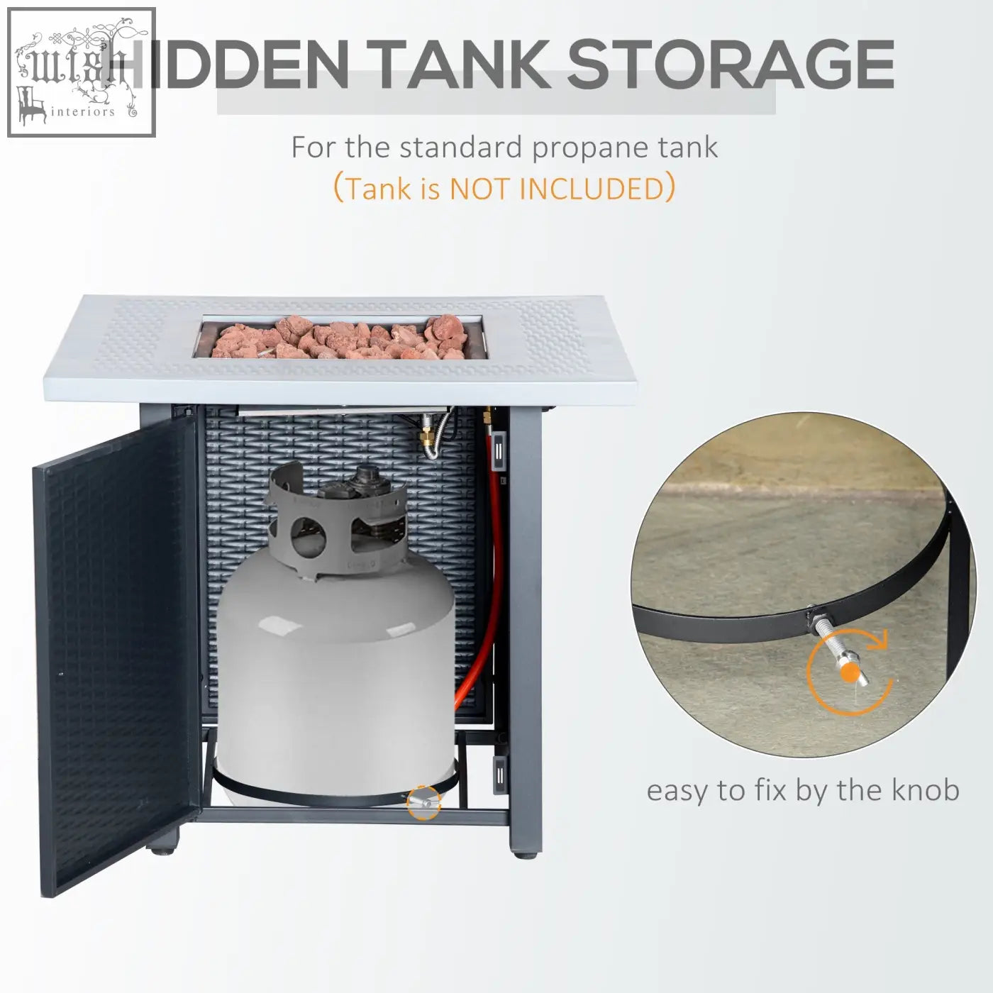 Gray metal propane tank storage unit with hidden compartment and mesh interior for outsunny pit table with lava rocks