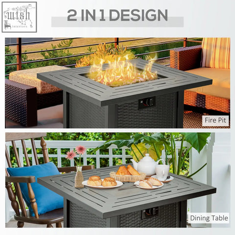 Black woven resin pit table with lava rocks and propane tank doubles as dining table and fire pit for outdoor use