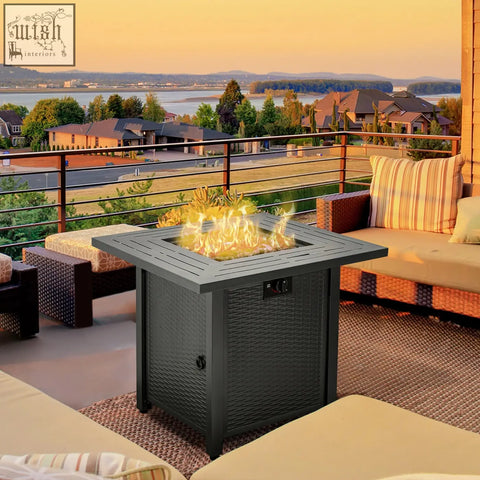 Black woven-textured outsunny square propane gas fire pit table with glowing flame lava rocks and protective cover