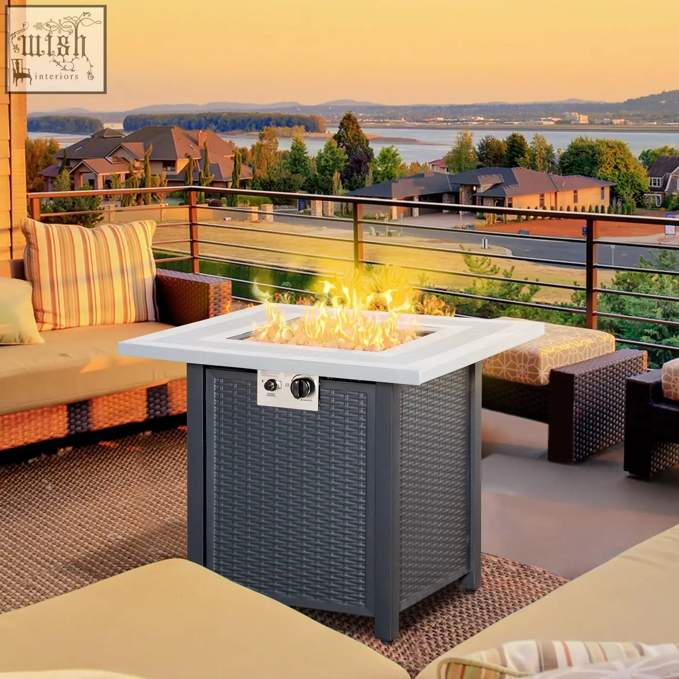 Gray wicker outdoors propane pit table with white top active flames and lava rocks for smokeless heating