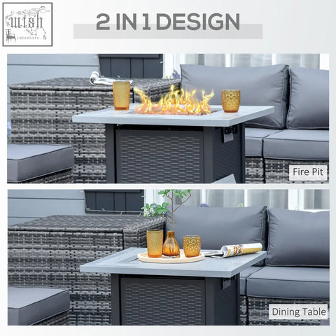 Gray woven wicker pit table with white top black base propane tank and lava rocks for outdoor patio heating