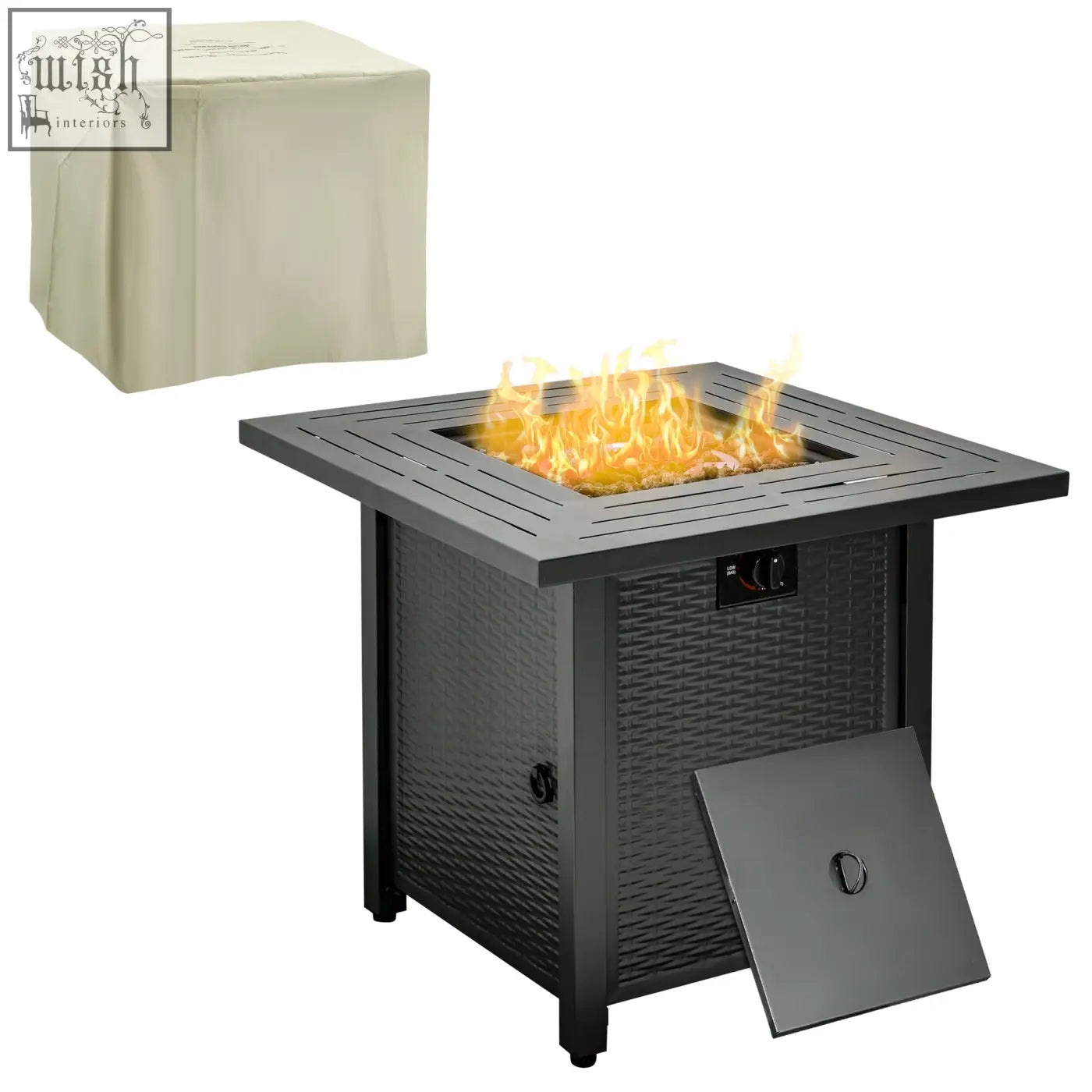 Black wicker Outsunny square propane gas fire pit table with lava rocks and beige cover for outdoor heating