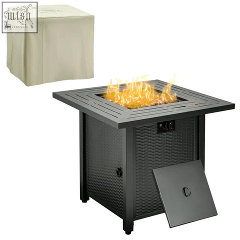 Black wicker Outsunny square propane gas fire pit table with lava rocks and beige cover for outdoor heating