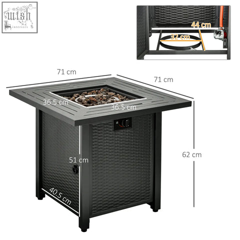 Black wicker-textured outsunny square propane pit table with lava rocks and control panel for outdoor heating