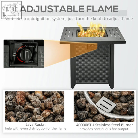 Outsunny black wicker square pit table with adjustable propane flame lava rocks and stainless steel burner