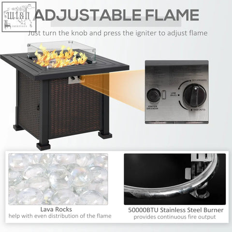 Black outsunny wicker pit table with glass screen stainless steel burner and glass beads for outdoor use