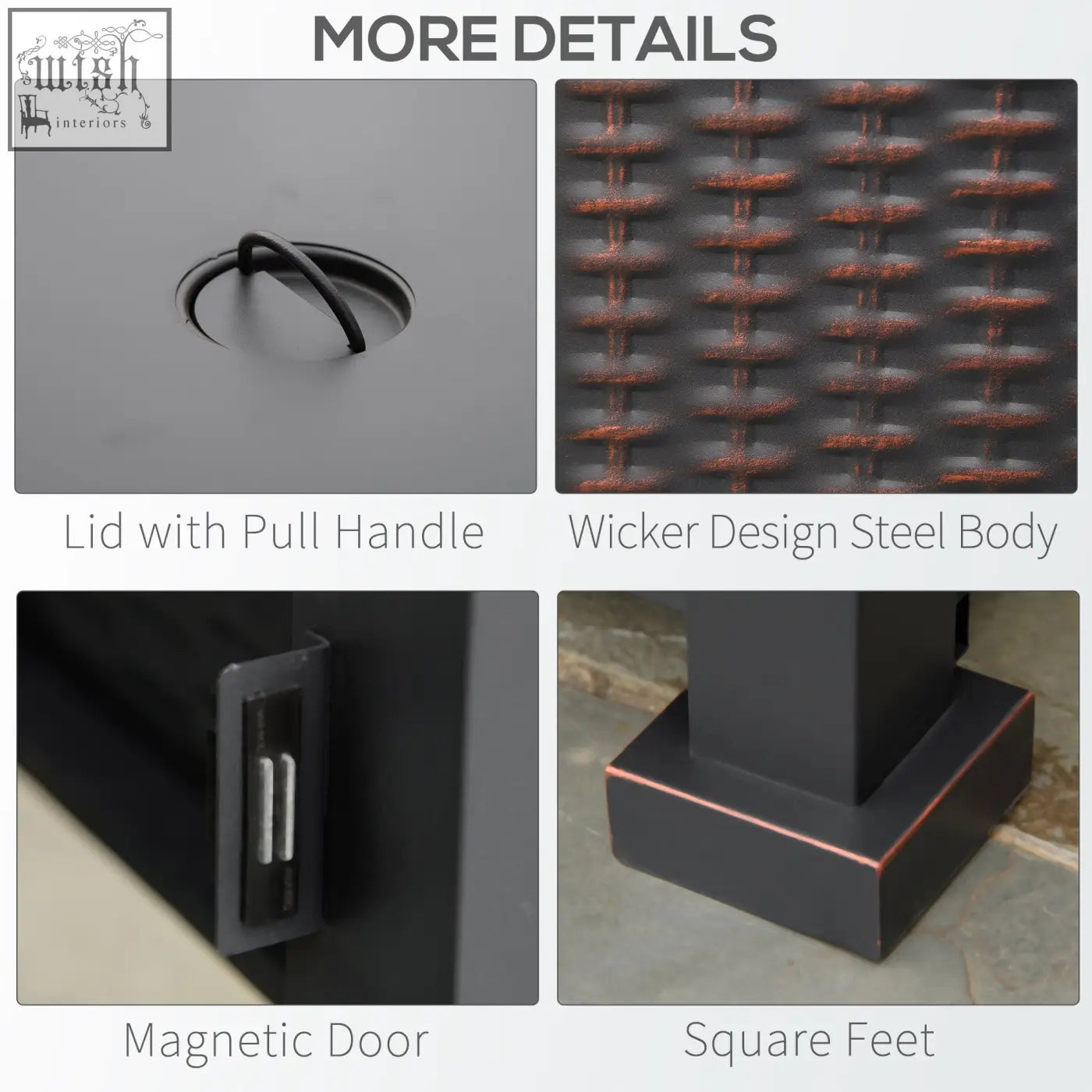 Black wicker steel storage bin with pull handle lid fits perfectly with outsunny pit table with glass screen and glass beads