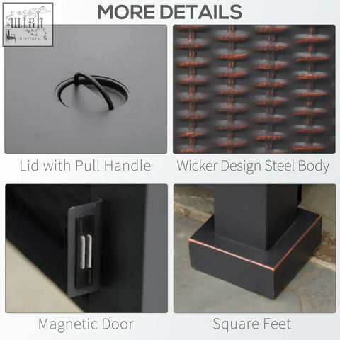 Black wicker steel storage bin with pull handle lid fits perfectly with outsunny pit table with glass screen and glass beads