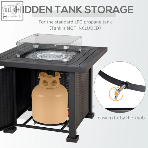 Outsunny black wicker square pit table with glass screen glass beads and hidden propane tank storage for outdoor use