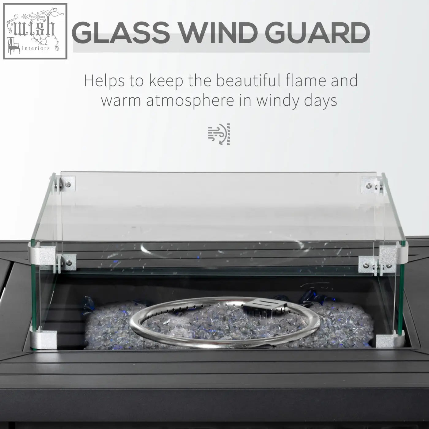 Clear glass wind guard with silver metal brackets on black outsunny square propane gas fire pit table with glass screen and beads