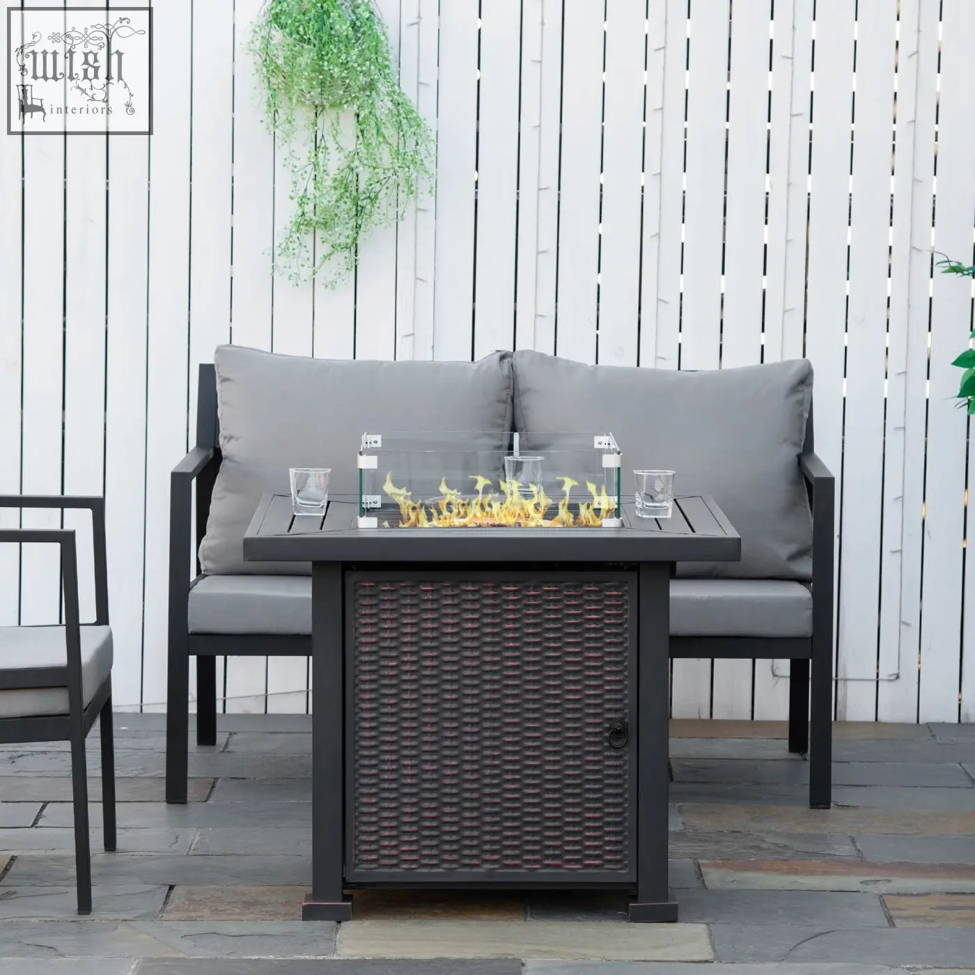 Dark brown wicker finish outsunny square propane gas pit table with glass screen flame feature and glass beads