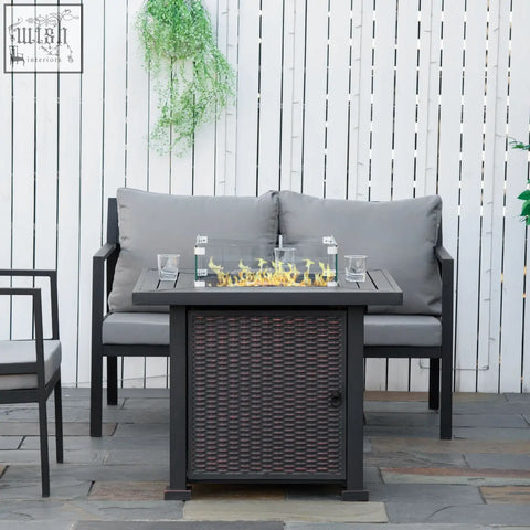 Dark brown wicker finish outsunny square propane gas pit table with glass screen flame feature and glass beads