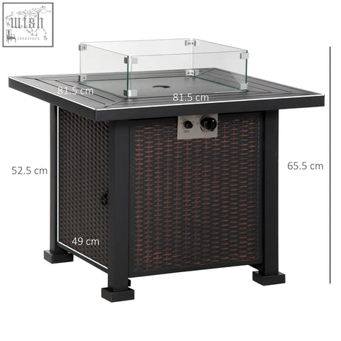 Black wicker pit table with glass screen, glass beads, control panel, and propane fire pit heater for outdoor use
