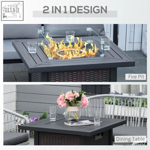 Black Outsunny square propane gas pit table with glass screen, glass beads, and dual flame and dining table design