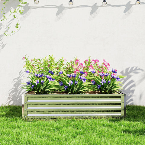 Rectangular green metal garden bed with galvanised steel frame and silver accents for direct contact growing
