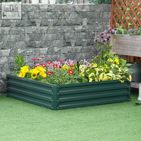 Green outsunny square raised garden bed box made of galvanised steel with weatherized frame filled with colorful flowers
