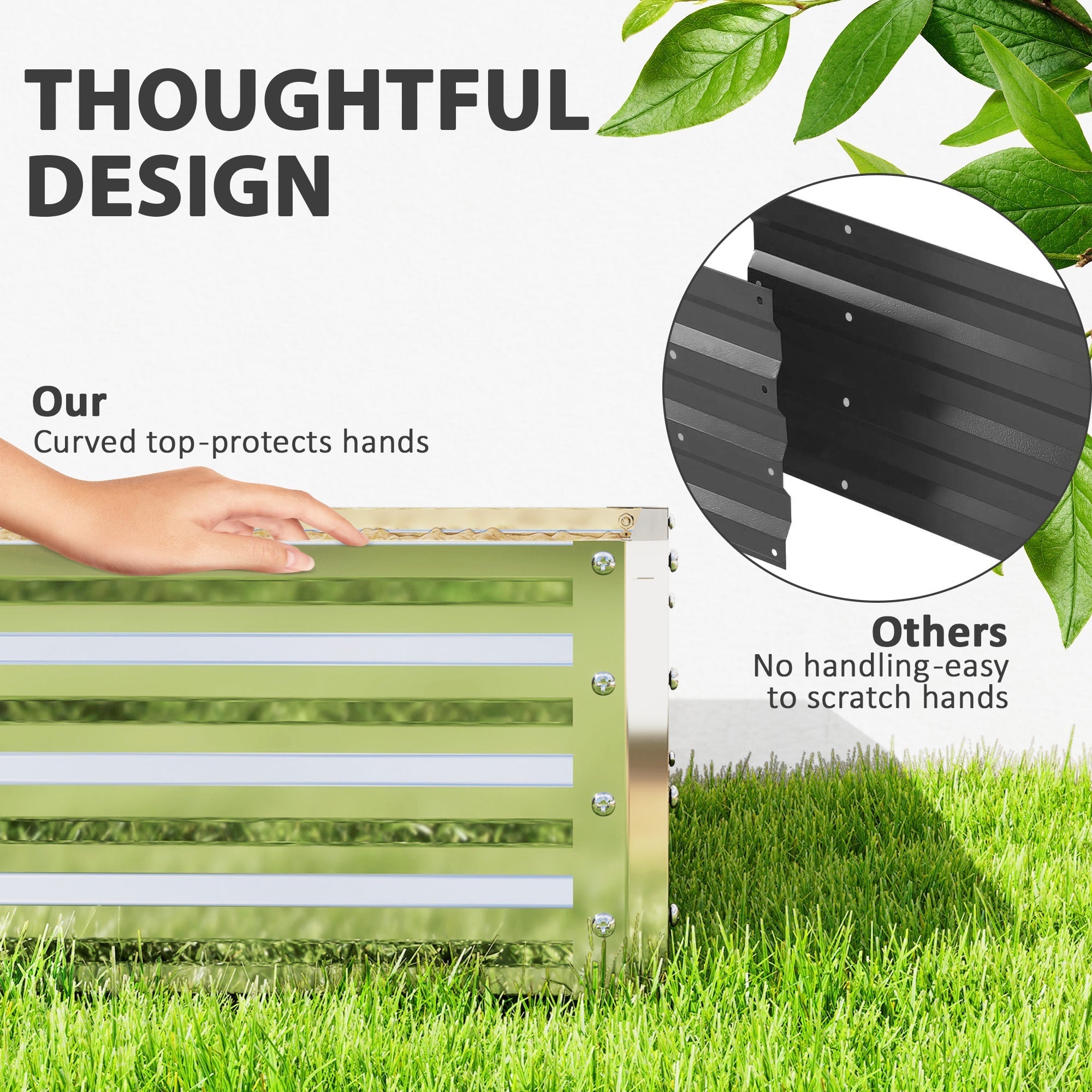 Green metal compost bin with curved top and horizontal slats made of galvanised steel for garden bed use