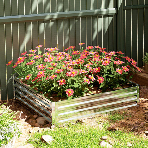 Outsunny square raised garden bed box made of galvanised steel with horizontal slats silver tone for direct contact gardening